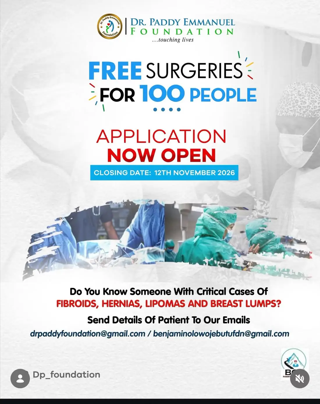 Flyer: 11th edition, free surgeries for 100 people. Application now open, closing date 12 November 2026.